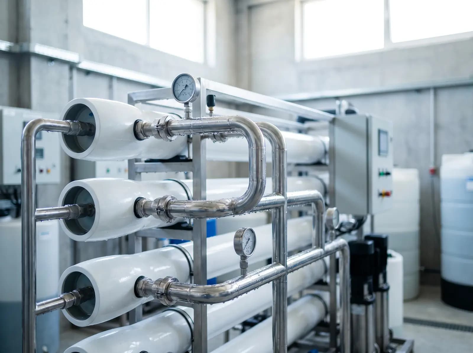 Umkehr-Osmose-Anlage mit Membran-Druckbehältern für entsalztes Reinstwasser